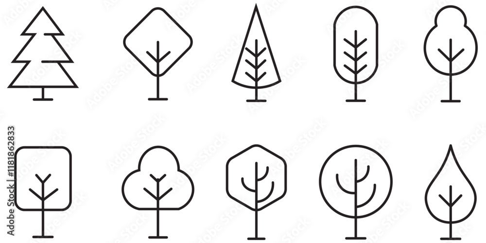 Tree and Forest Line Icon Bundle. Naturally beautiful symbol. Pack of thin signs of Tree. Naturally beautiful symbol, wooden trunk and outline branches. Tree and Forest Line Icon Bundle. Naturally beautiful symbol. Pack of thin signs of Tree. Naturally beautiful symbol, wooden trunk and outline branches.