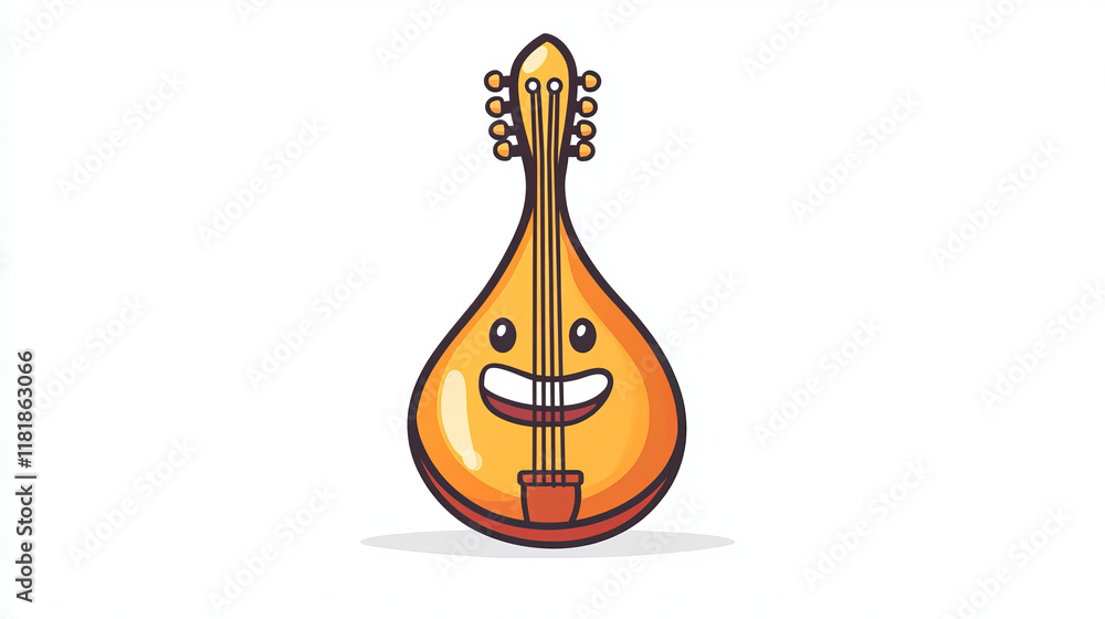 Cartoon mandolin groovy musical instrument character. Isolated vector plucked fantasy retro personage with long vulture and strings. Asian smiling oriental instrument for playing ethnic or folk music Cartoon mandolin groovy musical instrument character. Isolated vector plucked fantasy retro personage with long vulture and strings. Asian smiling oriental instrument for playing ethnic or folk music
