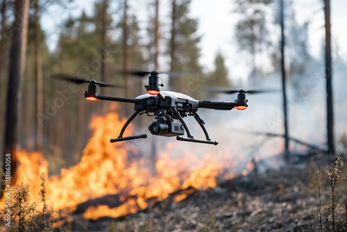 Firefighting drone deploys foam to combat raging wildfire in forested area during emergency response operations