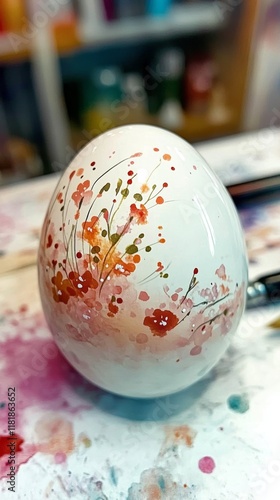 Elegant watercolor Easter egg adorned with delicate floral patterns, resting on an artist's table covered in paint splatters and brushes photo