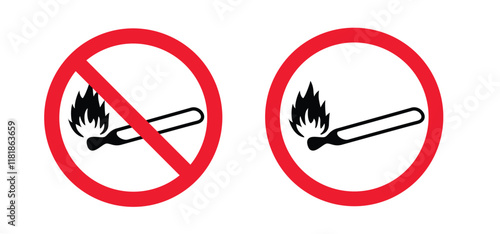 Matches , matchstick, lucifer logo. Smoking, fire or flame icon. Match lighted icon. Funny flat vector cartoon. No flames allowed. Stop, attention, do not open fire or campfire flame zone.  