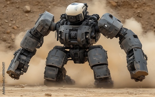 Powerful quadrupedal robot moving in dusty environment. photo