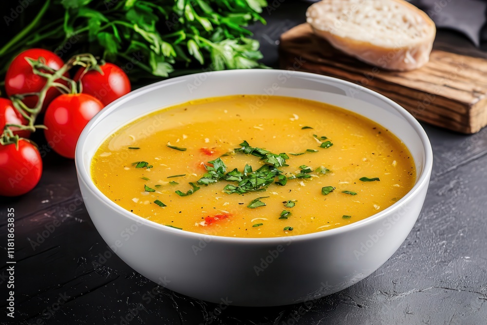 Chicken soup is a protein-rich dish. Warm, creamy soup garnished with herbs and surrounded by fresh ingredients. Chicken soup is a protein-rich dish. Warm, creamy soup garnished with herbs and surrounded by fresh ingredients.
