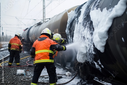Firefighters spray foam on a burning train car in a rapid response effort during an emergency incident