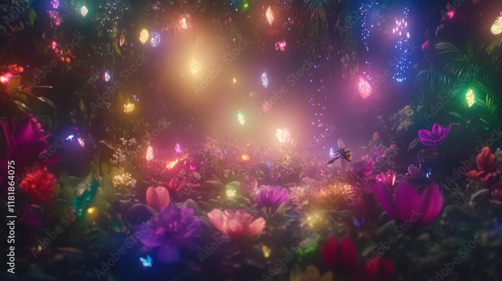 Enchanting Luminescent Garden with Flying Insect Enchanting Luminescent Garden with Flying Insect