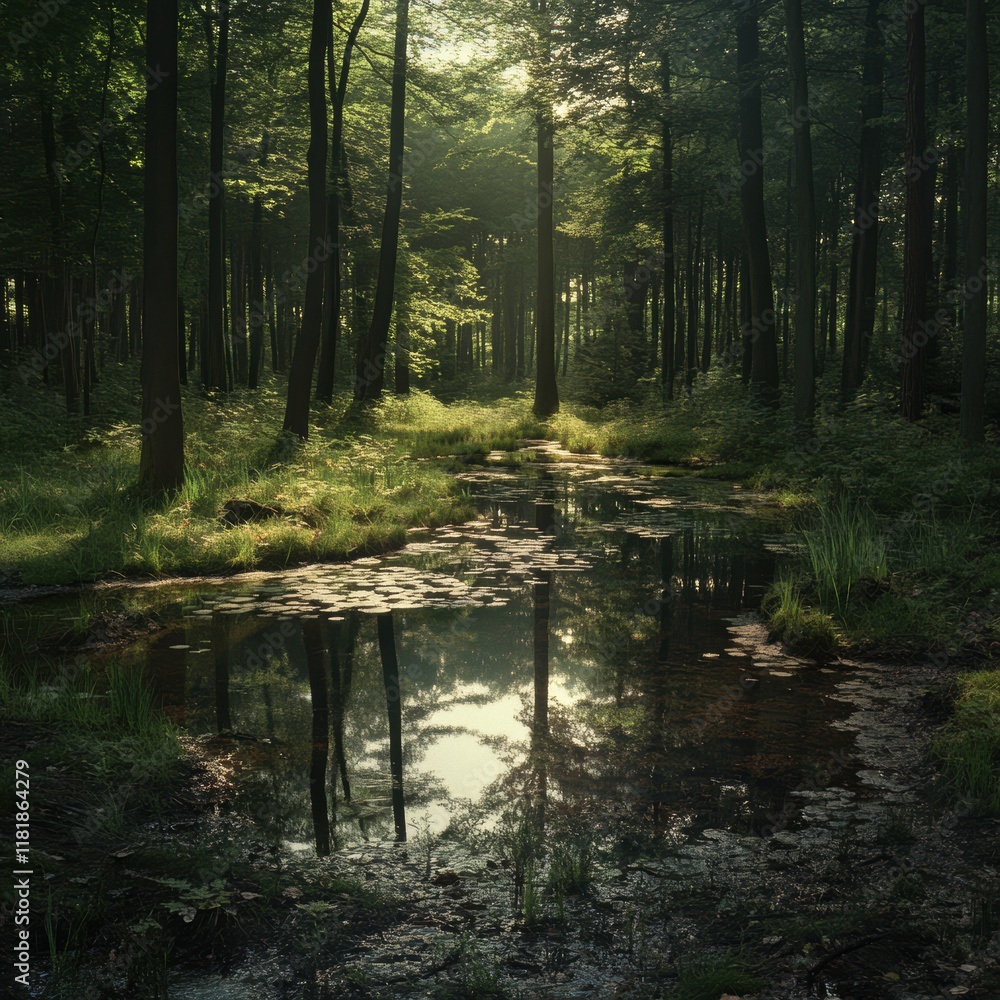 Obraz premium Serene reflections in a tranquil forest pond a high-fidelity nature view
