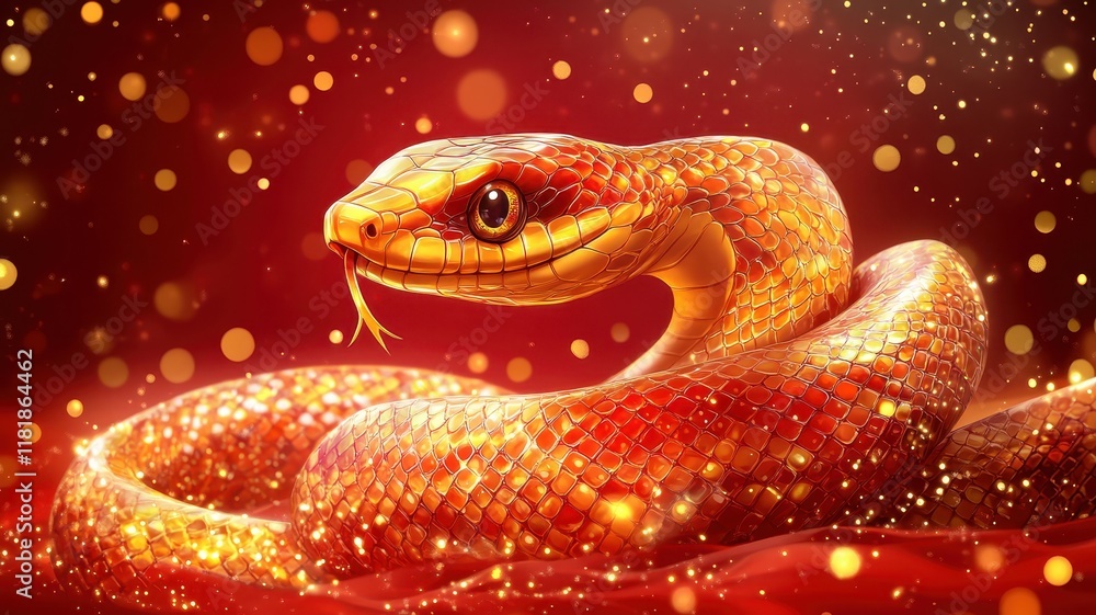 Elegant golden snake symbolizing prosperity chinese new year celebration festive red background artistic view vibrant concept Elegant golden snake symbolizing prosperity chinese new year celebration festive red background artistic view vibrant concept
