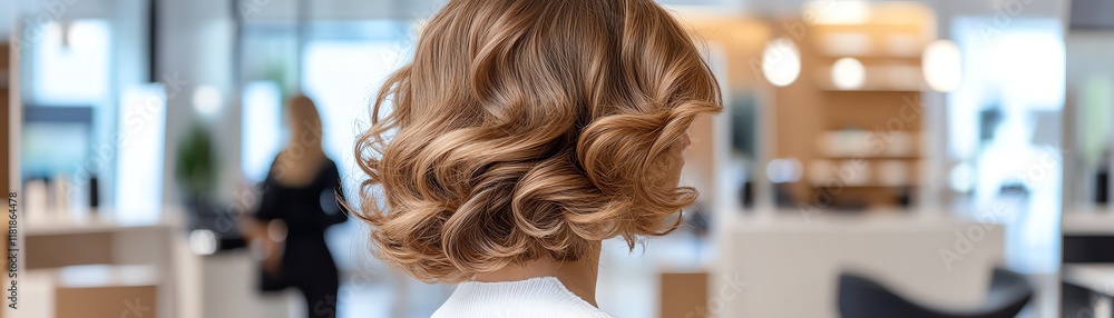 Fototapeta premium A curly wig styled in voluminous spirals, deep mahogany shade, displayed on a modern pedestal in a luxury showroom