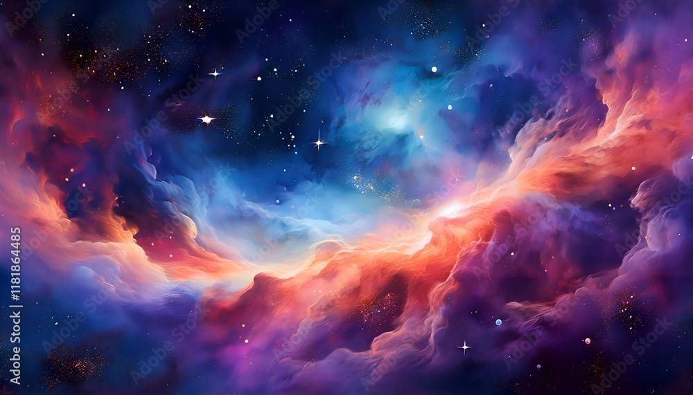 Fototapeta premium Ethereal nebula in space with vibrant colors, illustrating the beauty of the universe and cosmic phenomena,watercolor background