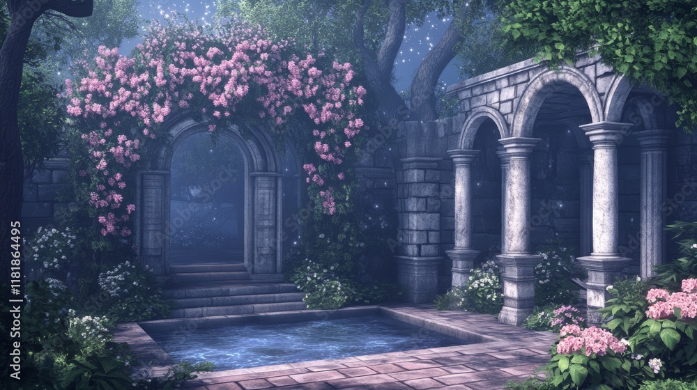 Obraz premium Enchanting Moonlit Garden with Roman Arches and Pool
