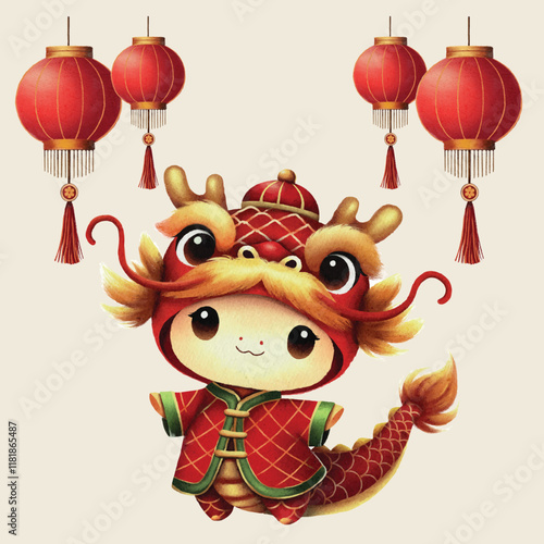ute Dragon Dance Mascot with Red Lanterns for Chinese New Year Celebration