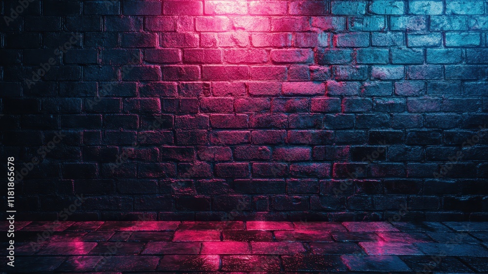 Illuminated textured black brick wall with neon lights urban setting digital art nighttime contemporary style Illuminated textured black brick wall with neon lights urban setting digital art nighttime contemporary style