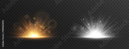 Lens explosion, spark, spark. Glowing bright light explosion effect. Crystal The effect of a bright flickering flash of light on a transparent background with ray.Vector illustration.	

