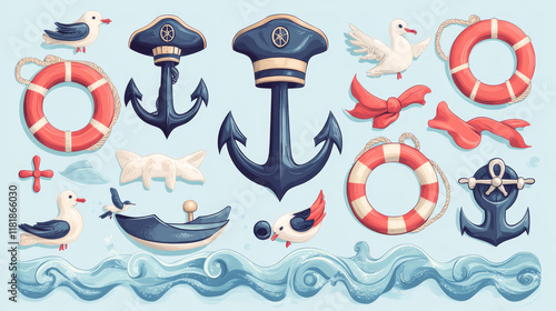 Marine travel and sailor or seafarer sailing heraldic vector icons set of ship anchor, helm or crossed vessel paddles, captain hat and life buoy on ocean or sea waves with ribbons and seagulls photo