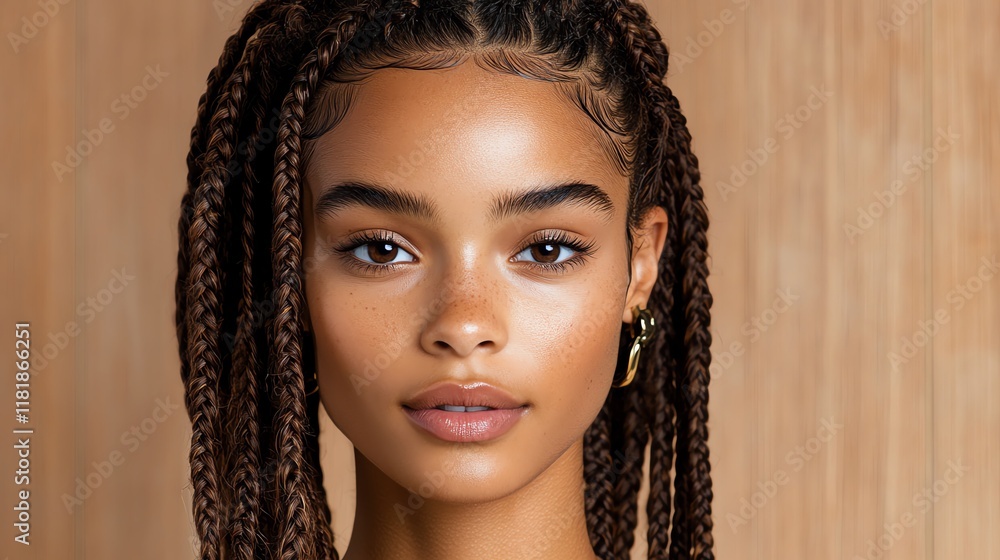 A realistic afrotextured lacefront wig, styled with intricate braids, set against a warm wooden backdrop A realistic afrotextured lacefront wig, styled with intricate braids, set against a warm wooden backdrop