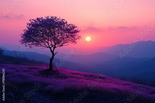 Sunset over a vibrant purple landscape with a solitary tree in the foreground