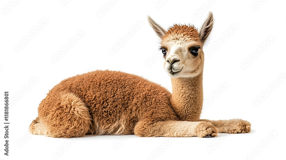 Fototapeta premium Brown baby alpaca lying down, isolated on white.