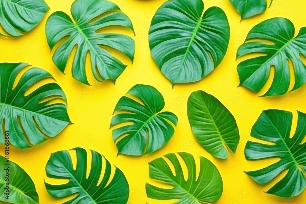 Fototapeta premium Bright Tropical Leaves on Yellow Background