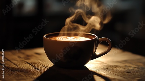 A steaming cup of coffee on a wooden table, creating warmth. photo