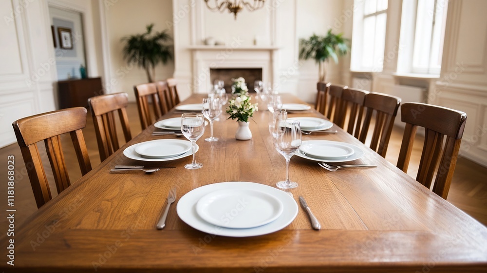 Elegant Dining Room Set with Chandelier for Family Meal or Home Office Background Elegant Dining Room Set with Chandelier for Family Meal or Home Office Background