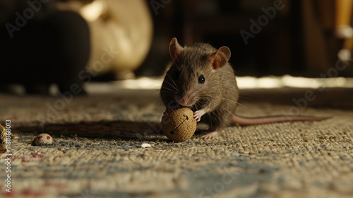 Rat playing with a small toy. photo