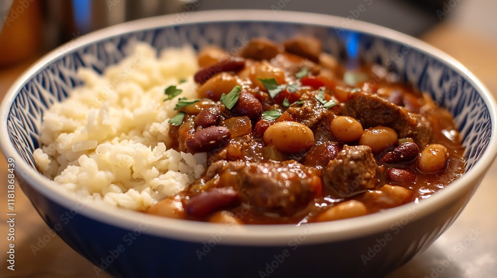 Delicious chili served with rice in a decorative bowl. Delicious chili served with rice in a decorative bowl.