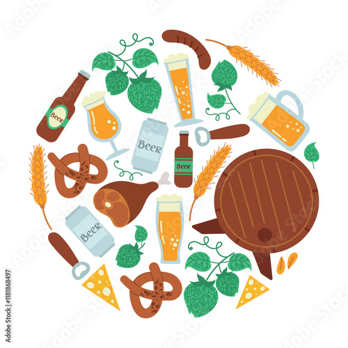 Round frame with malt, beer, craft beer ingredients, branches of common hops, bottle opener