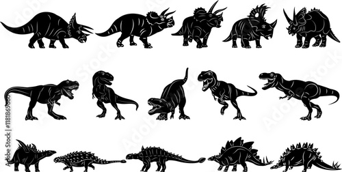 dinosaurs walking silhouette set, vector on white background