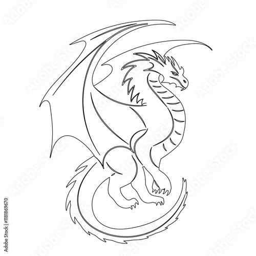 dragon sketch outline, vector on white background