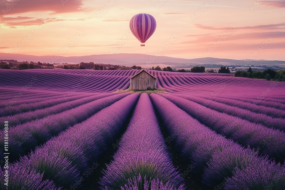 Fototapeta premium Beautiful Lavender Field in Provence with Shed and Hot Air Balloon at Sunrise 