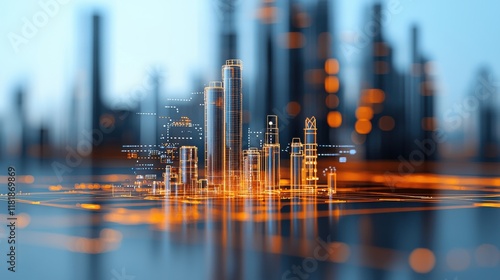 Sunset over petroleum industry advanced technology urban skyline