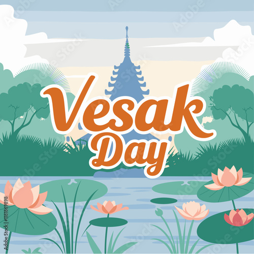 Vesak Day Greeting with Lotus Flowers and Pagoda