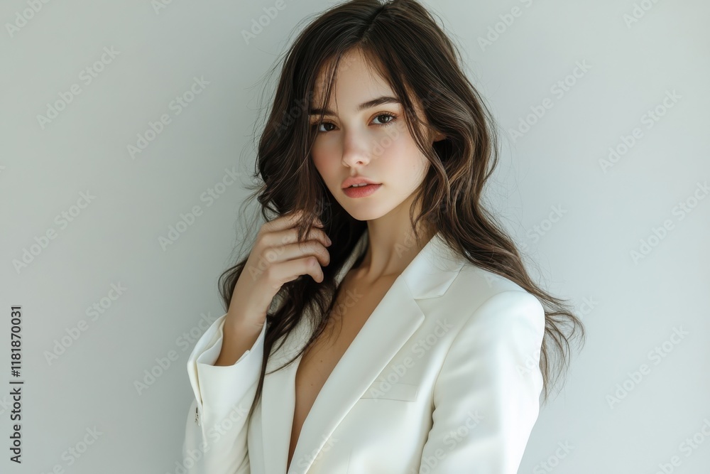 Young woman in white tailored suit posing confidently against gray background Young woman in white tailored suit posing confidently against gray background