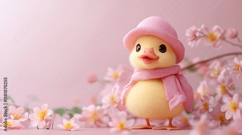 Cute duckling in pink hat and scarf among cherry blossoms close-up Cute duckling in pink hat and scarf among cherry blossoms close-up