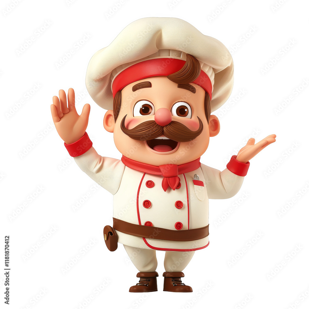 A cartoon chef with a white hat and red accents, waving and smiling. A cartoon chef with a white hat and red accents, waving and smiling.