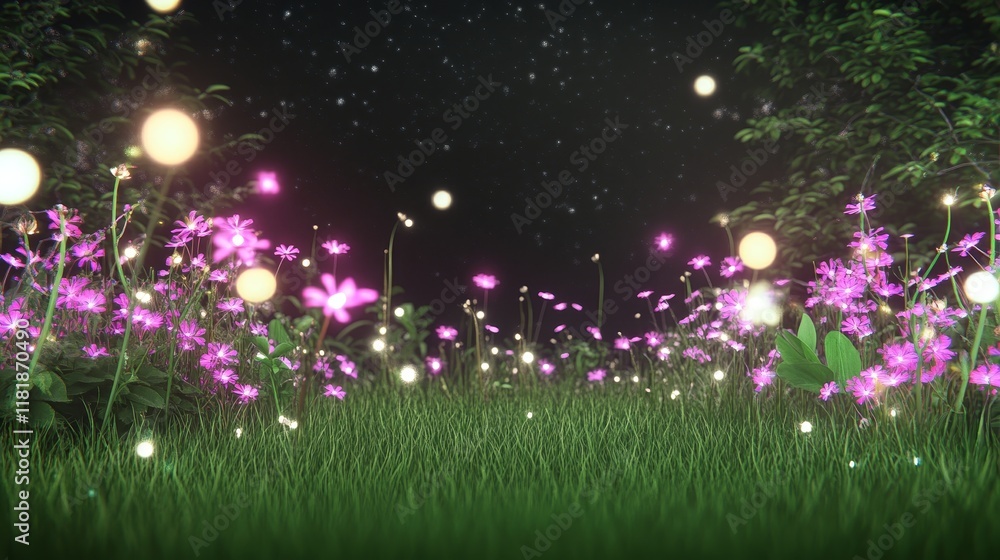 Fototapeta premium Enchanting Night Garden with Glowing Flowers and Fireflies
