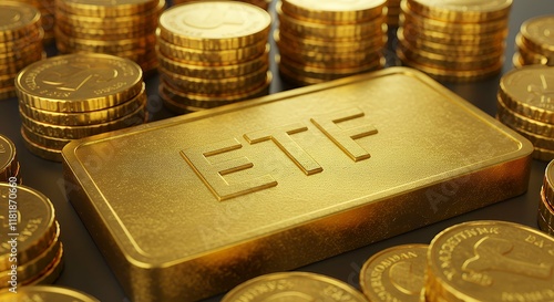 A close-up photograph featuring a prominent gold-colored rectangular plaque with the letters 'ETF' embossed in bold, uppercase font.