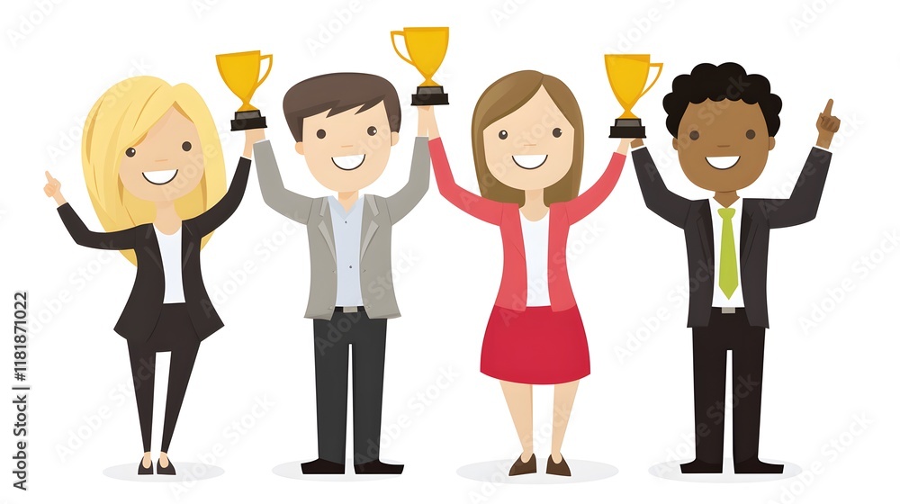 Illustration of peoples holding up the trophy and celebrating success together, flat design vector illustration style Illustration of peoples holding up the trophy and celebrating success together, flat design vector illustration style