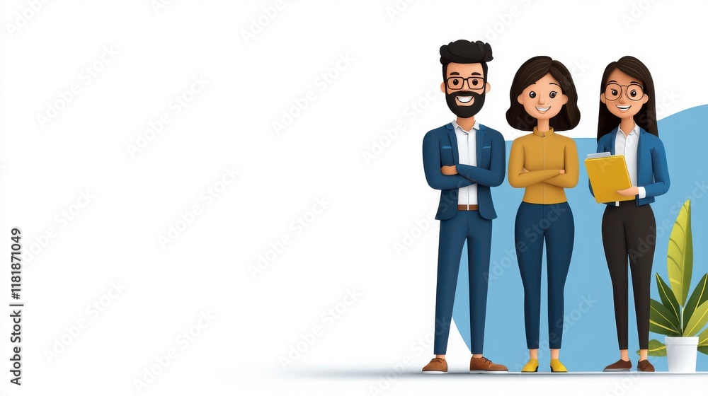 Fototapeta premium Group of three diverse professionals smiling in a modern office setting