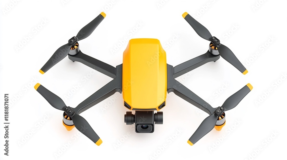 Modern Yellow Drone with Floating in the Air on White Background Modern Yellow Drone with Floating in the Air on White Background