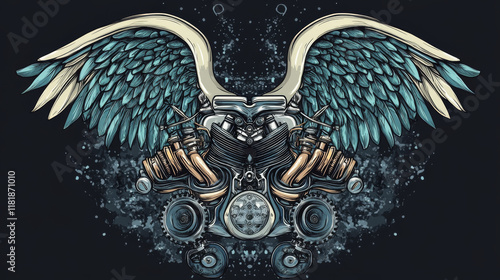 Winged tyre and pistons t-shirt vector print template. Crossed angel wings with tire and engine pistons photo