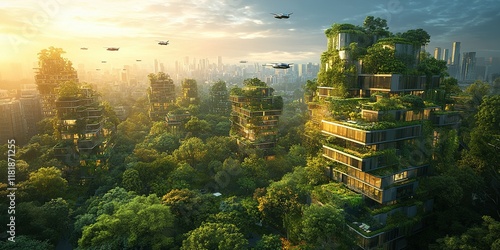 Innovative green architecture and urban planning in a futuristic city at sunrise #1181871255