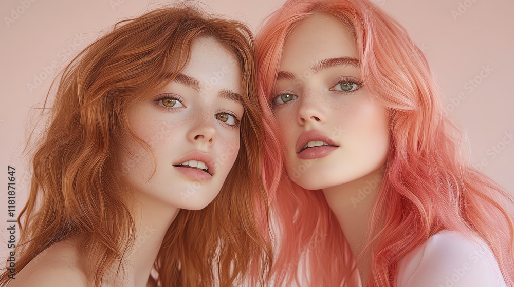 Highquality synthetic wig, fiery orange with subtle highlights, styled in playful waves, against a soft pastel backdrop Highquality synthetic wig, fiery orange with subtle highlights, styled in playful waves, against a soft pastel backdrop