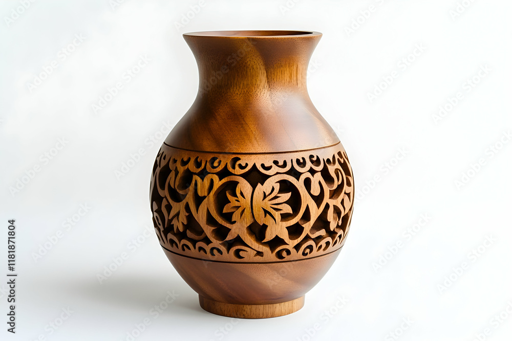 Intricate Carved Wooden Vase: A handcrafted wooden vase with intricate floral patterns carved into its surface. The vase is a beautiful example of craftsmanship and artistry. Intricate Carved Wooden Vase: A handcrafted wooden vase with intricate floral patterns carved into its surface. The vase is a beautiful example of craftsmanship and artistry.