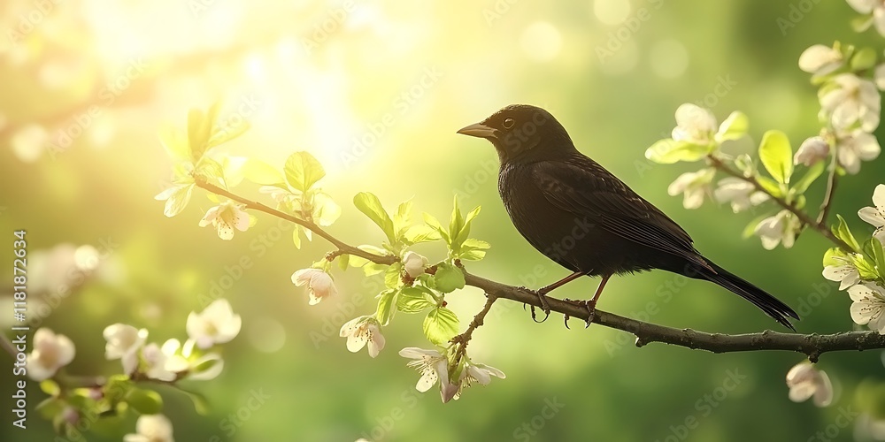 Blackbird perched on blossoming branch. Blackbird perched on blossoming branch.