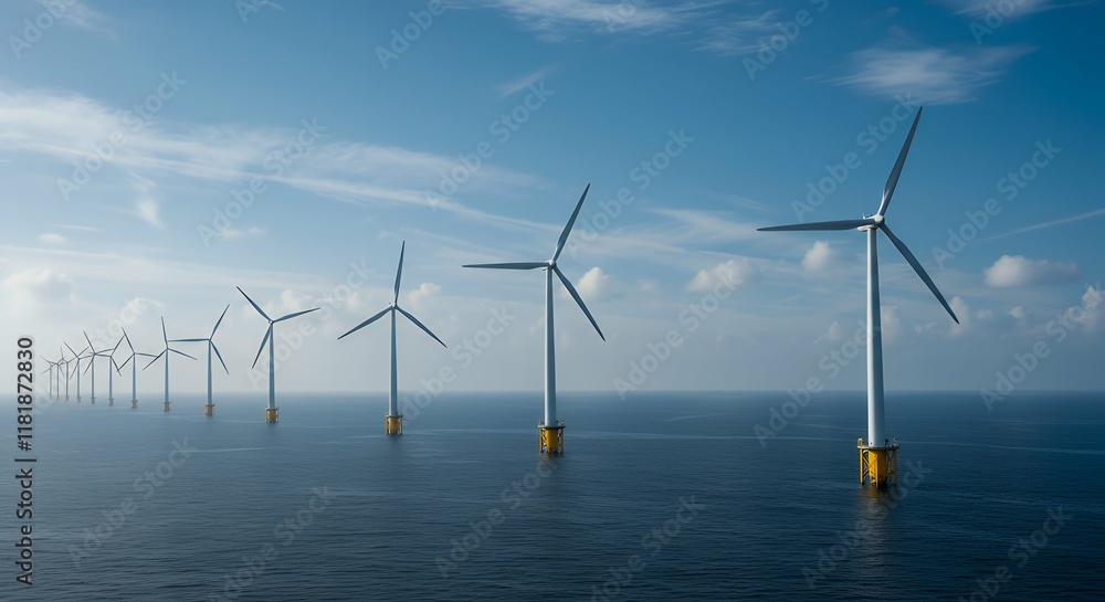 Image is a high-resolution, panoramic photograph showcasing a series of offshore wind turbines.