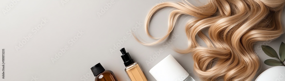 Long, wavy ombre extensions, transitioning from dark brown roots to golden blonde tips, displayed with salon tools