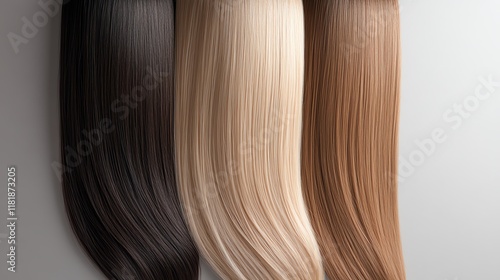 Wallpaper Mural Long straight hair extensions, cascading on a glossy black platform, illuminated by soft studio lighting, with realistic color gradients from dark brown to caramel Torontodigital.ca