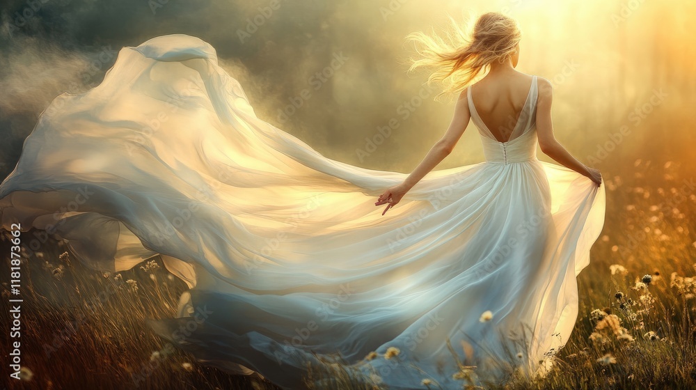 A graceful model wearing a flowing chiffon dress, twirling in a sunlit meadow, with the soft fabric billowing around her in the gentle breeze. A graceful model wearing a flowing chiffon dress, twirling in a sunlit meadow, with the soft fabric billowing around her in the gentle breeze.