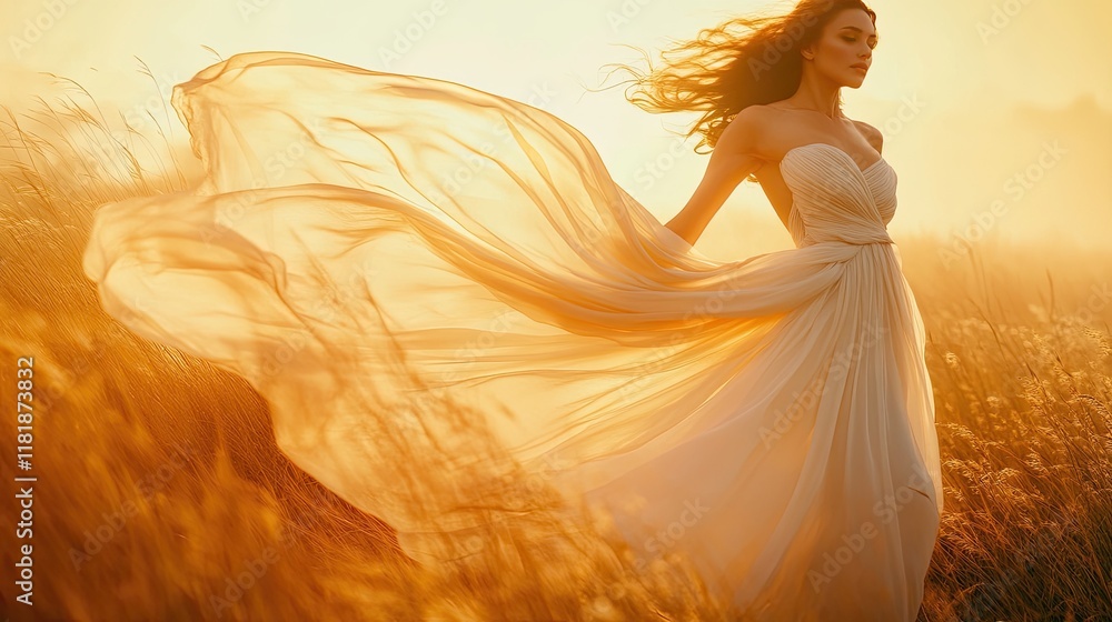 A graceful model wearing a flowing chiffon dress, twirling in a sunlit meadow, with the soft fabric billowing around her in the gentle breeze. A graceful model wearing a flowing chiffon dress, twirling in a sunlit meadow, with the soft fabric billowing around her in the gentle breeze.